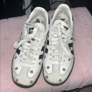 Adidas sambas White Sneakers with Black Stripes and Purple Floral Details